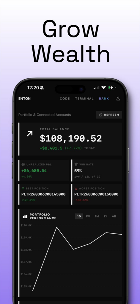 ENTON - ENTON app dashboard displaying total balance and portfolio performance chart