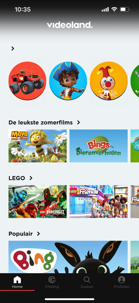 Mobile screen of Videoland app featuring Dutch cartoons and LEGO series for children