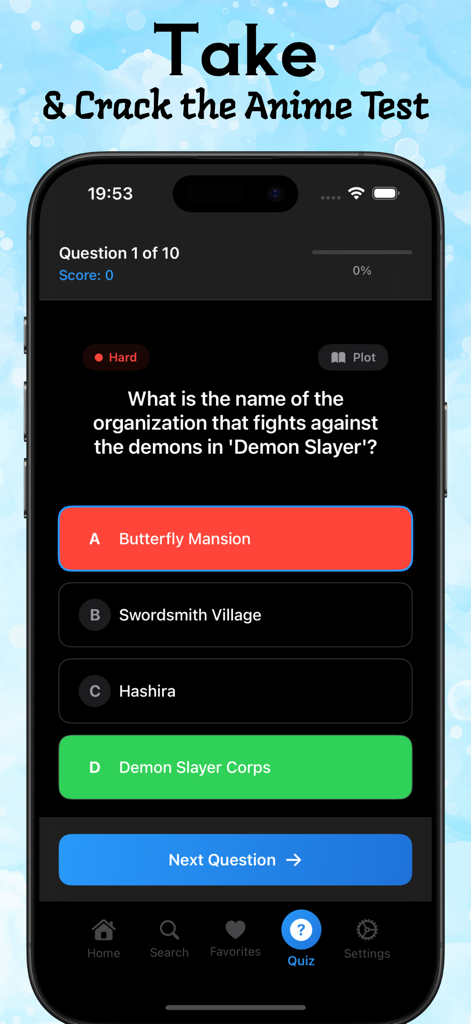 Animix: Explore Animekai Anime - Animix app interface showing an interactive anime quiz with a question about the Demon Slayer organization.