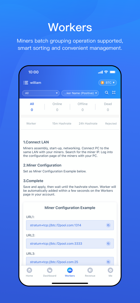 F2Pool - F2Pool app workers management screen showing miner configuration instructions and status tracking
