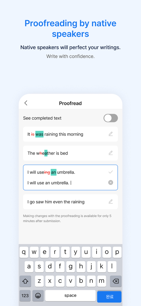 Captura de pantalla de la interfaz de la aplicación Flitto mostrando corrección y correcciones en tiempo real por hablantes nativos para el aprendizaje de idiomas