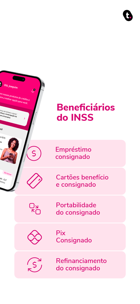 Interface do aplicativo meutudo exibindo serviços financeiros para beneficiários do INSS, como empréstimo consignado e cartões de crédito
