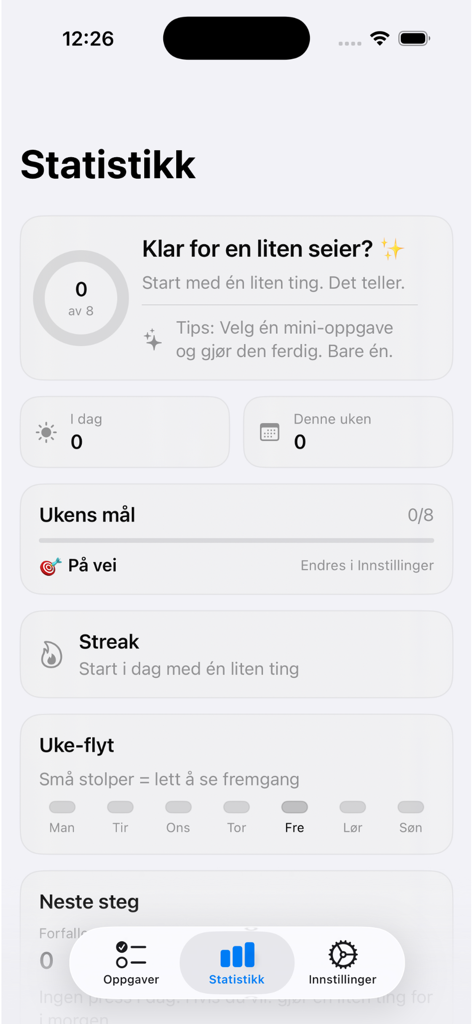 FullControl - FullControl app statistics screen showing weekly goals, activity streaks, and task completion progress.