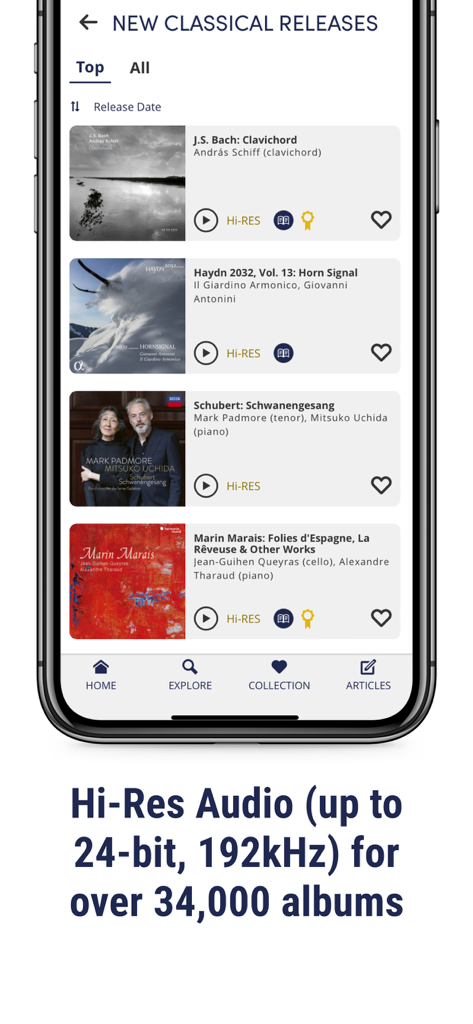 Presto Music - Presto Music app interface displaying new classical music releases with Hi-Res audio quality labels.