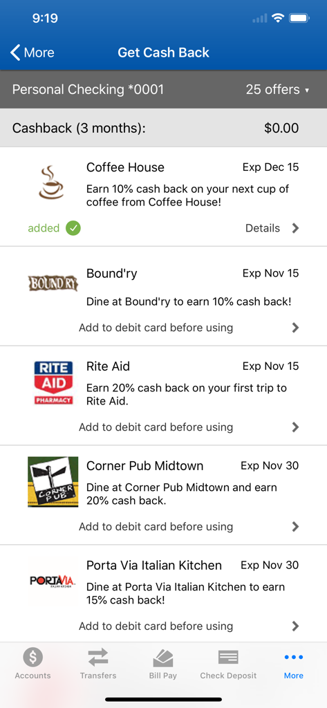 List of available cashback rewards in the EECU mobile banking app