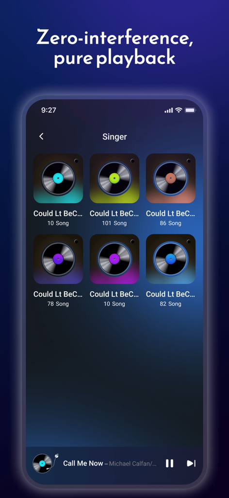 Harmona - Harmona mobile app showing a minimalist music library organized by singer with vinyl record icons