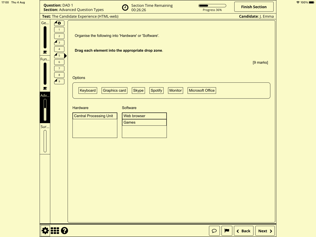 SecureClient - SecureClient app showing a drag and drop test question to categorize computer hardware and software.