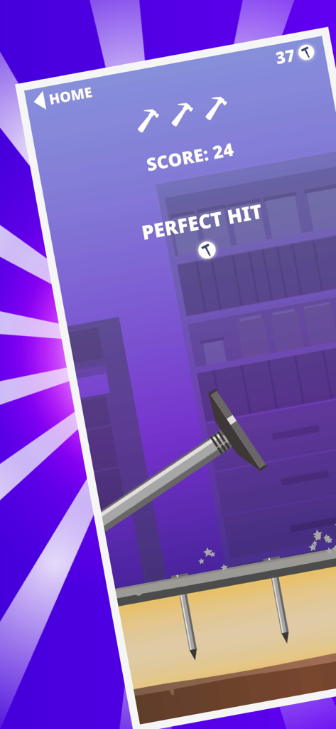 Hammer & Nail - Carpenter Hero - Hammer and Nail Carpenter Hero mobile game screenshot showing a perfect hit with a hammer and a score of 24
