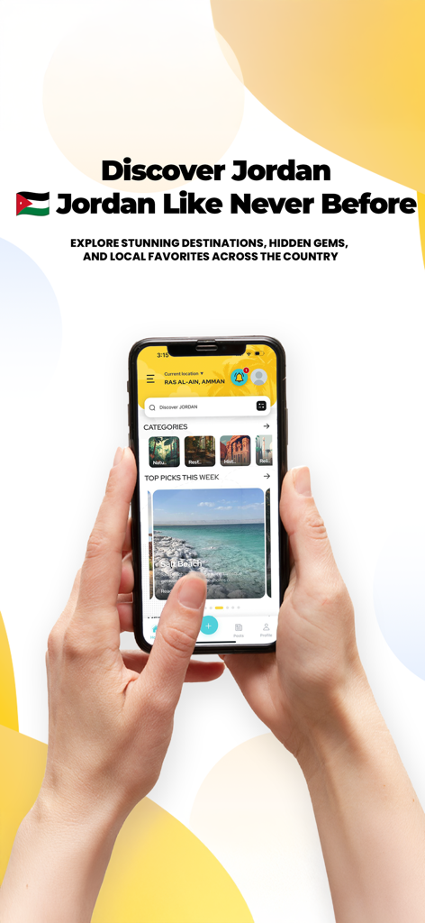 A hand holding a smartphone displaying the home screen of the Discover Jordan travel app with categories and top destination picks