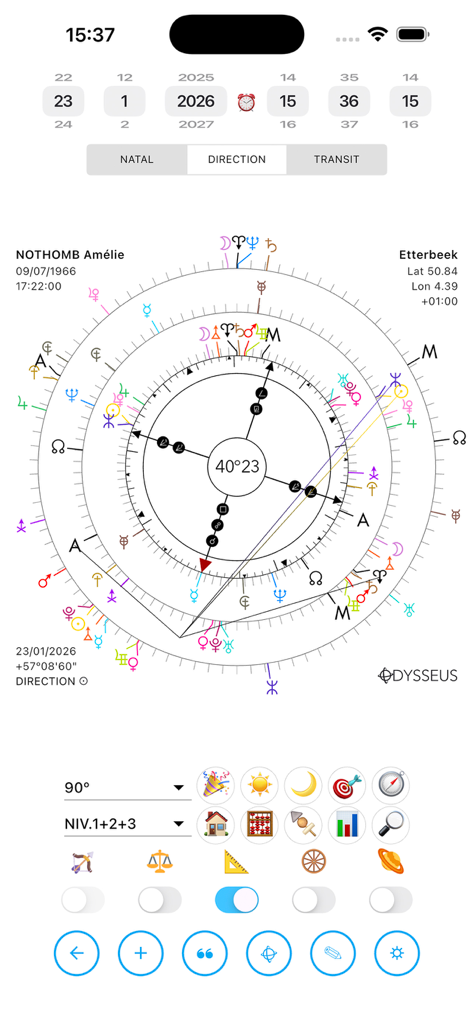 Odysseus® - A detailed 90 degree Uranian astrology dial chart within the Odysseus app interface showing various planetary symbols and midpoints.