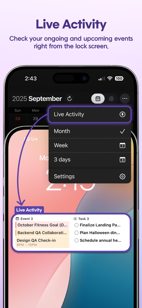 Trace - AI Calendar, Planner - Trace AI Calendar Live Activity showing events and tasks on an iPhone lock screen