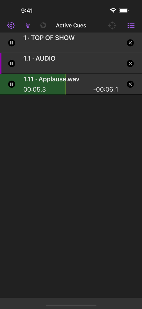 QLab Remote - QLab Remote app interface displaying active show control cues and audio playback progress