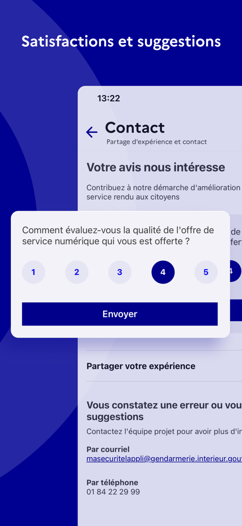 A user feedback interface on the Ma Securite app showing a 1 to 5 rating scale for digital service quality.