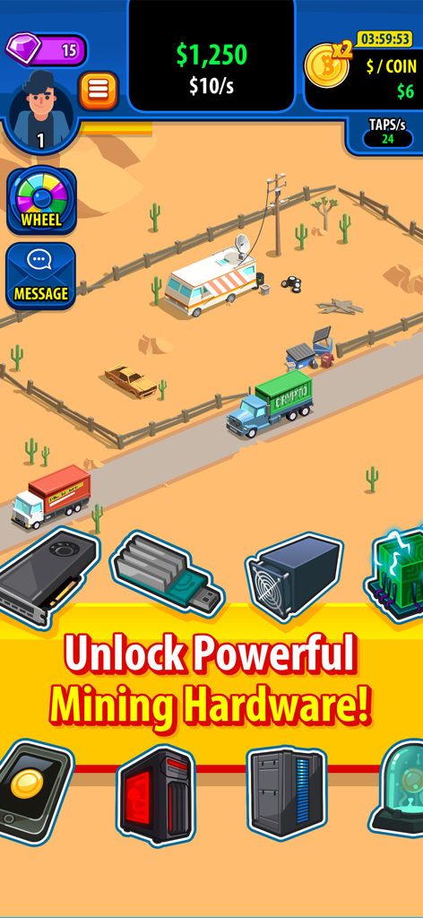Crypto Trillionaire - A game interface for Crypto Trillionaire showing a desert mining base and various unlockable mining hardware icons.