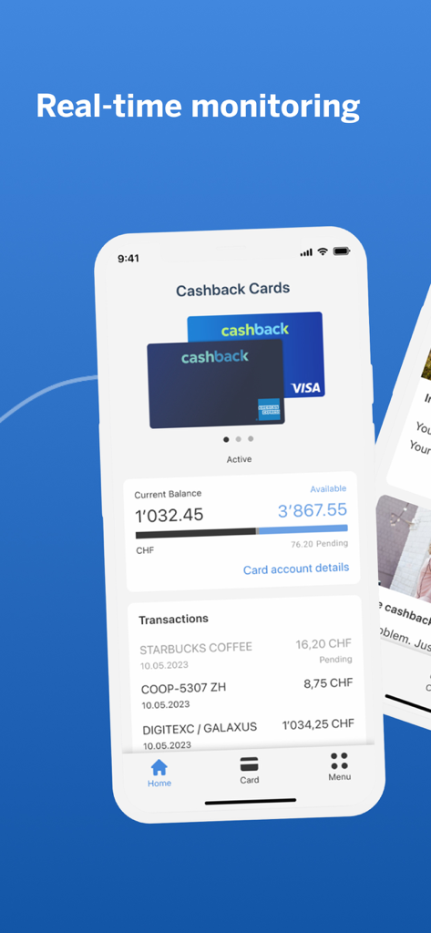Swisscard app interface showing real-time balance tracking and recent transactions for credit cards