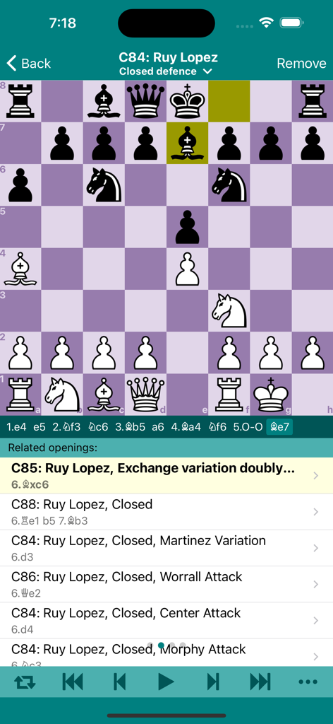 Chess Opener Lite - A screenshot of the Chess Opener Lite app showing a Ruy Lopez opening position and a list of related variations with ECO codes
