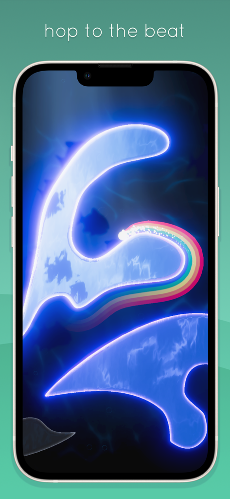 Dream Hopper - A glowing blue abstract shape in a dark dreamscape with a rainbow trail and the text hop to the beat