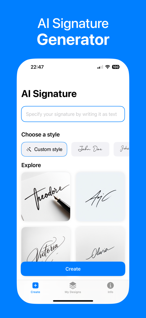 AI Signature Maker - AI署名メーカーのインターフェース。テキスト入力フィールドと、さまざまな手書き署名スタイルの例が表示されています。