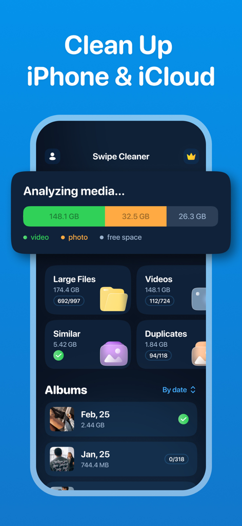 Swipe and Delete app interface showing storage analysis for iPhone and iCloud with categories for large files and duplicates