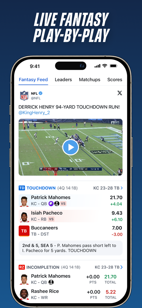 FantasyPros - Fantasy Advice - Screenshot of the FantasyPros app live fantasy play by play screen showing real time NFL scores and player points