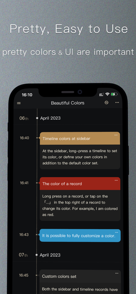 iTimely - Timeline & Milestone - Vertikale Timeline-Oberfläche der iTimely-App zeigt anpassbare, farbcodierte Datensatzblöcke im Dark Mode.