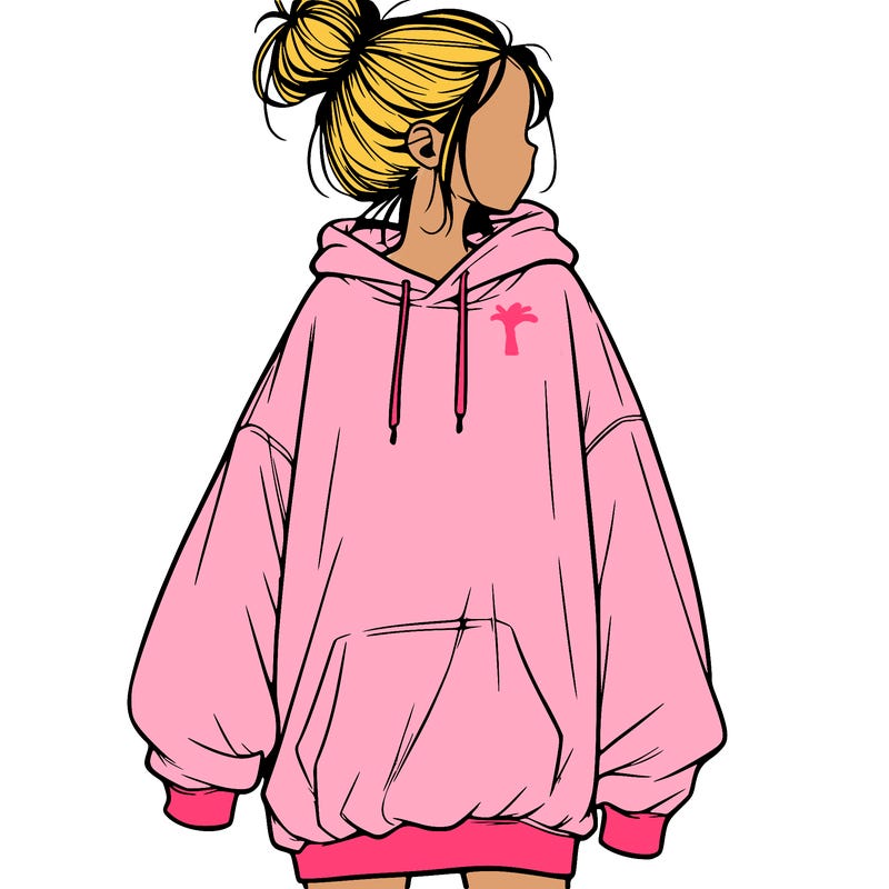 realistic girl with a oversized sweatshirt on and a bun