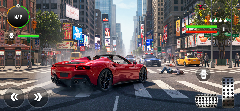 Action scene from Ambush Mafia Gangster Games showing a red sports car in a city.