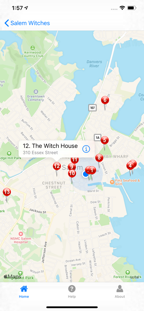 Salem Witches Tour - GPS map of Salem showing numbered historical markers with a popup for the Witch House