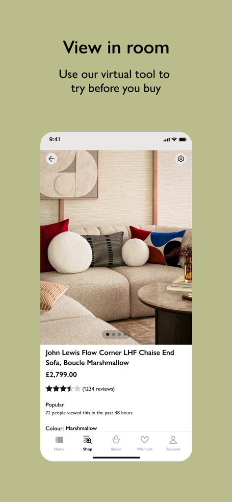 Die AR-Ansicht der John Lewis App im Raum zeigt ein Bouclé-Sofa.