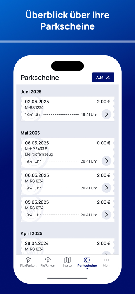 Digital parking ticket history screen in the HandyParken Muenchen app showing monthly receipts