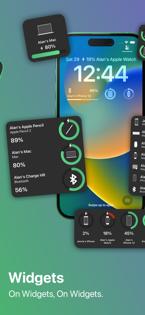 Cloud Battery - Cloud Battery app widgets on an iPhone screen displaying battery percentages for Mac Apple Watch and other devices