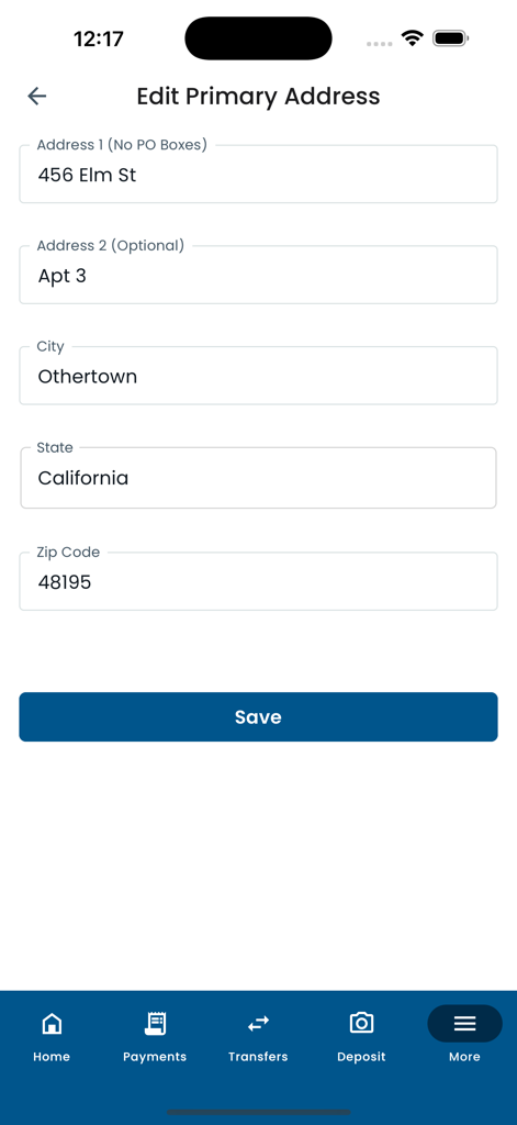 Lake Trust Mobile Banking - Pantalla de edición de dirección principal en la aplicación de Banca Móvil de Lake Trust con campos para calle, ciudad, estado y código postal