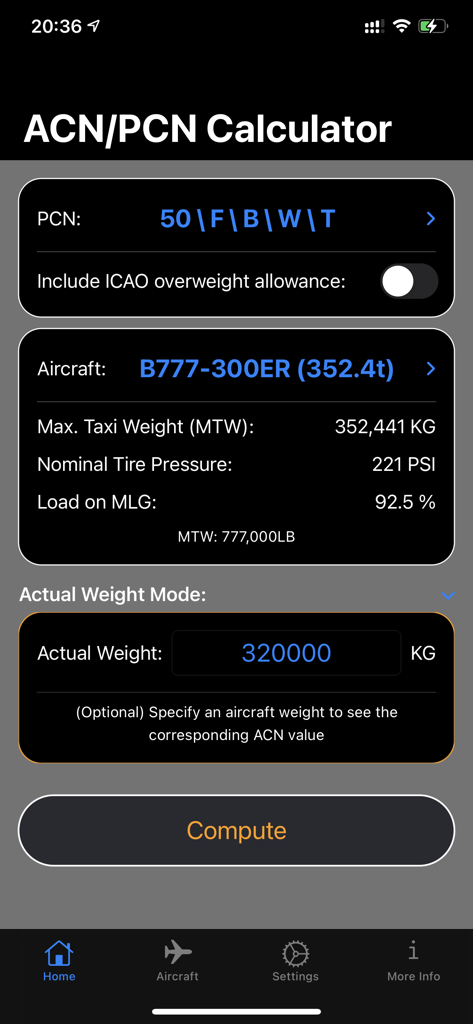 Main calculation screen of the ACN PCN Calculator app showing pavement and aircraft weight parameters