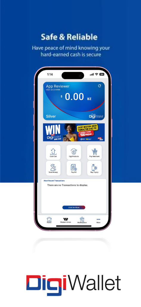 Pantalla de inicio de la aplicación móvil DigiWallet BZ mostrando servicios financieros y saldo de la cuenta