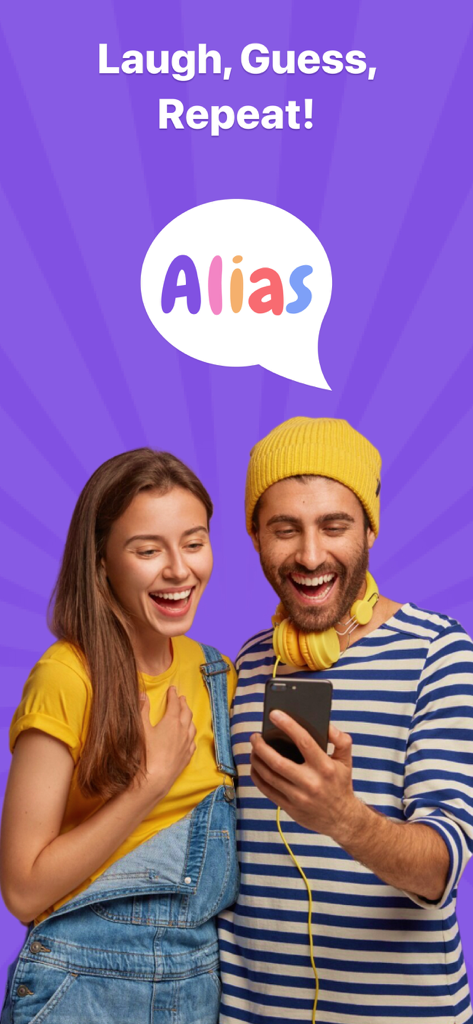 Alias: Party Game - Guess Word - A young man and woman laughing while playing the Alias word guessing game on a mobile phone.