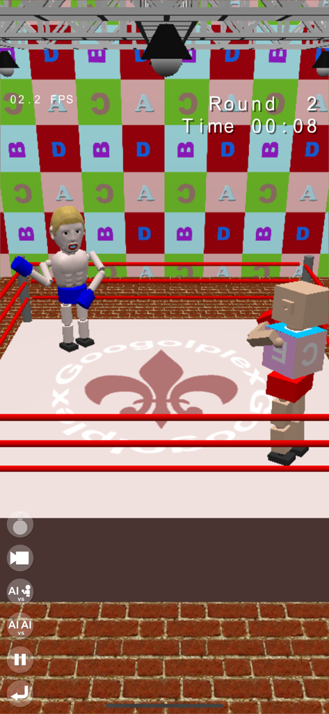 Physics-based 3D boxing match with toy-like ragdoll characters in a ring