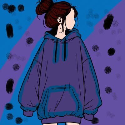 realistic girl with a oversized sweatshirt on and a bun