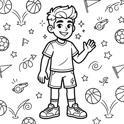 Spark imagination with this dynamic coloring page featuring a happy boy dressed in cool activewear. Surrounded by playful sports symbols, it's perfect for young artists to bring to life.