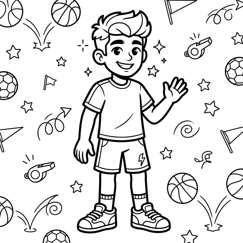 Spark imagination with this dynamic coloring page featuring a happy boy dressed in cool activewear. Surrounded by playful sports symbols, it's perfect for young artists to bring to life.