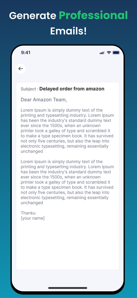 Email Writer : AI Email Writer - Mobile app interface showing an AI generated professional email draft