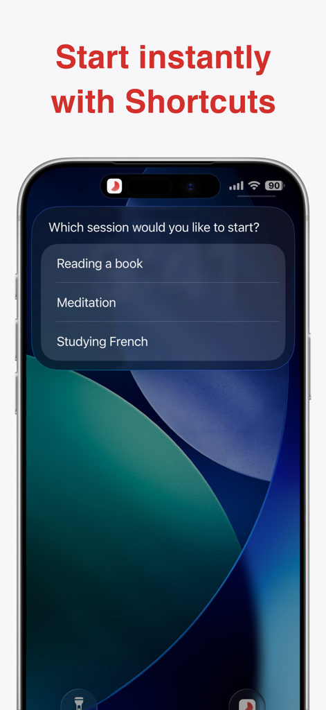 Ultimate Focus - Visual Timer - Ein iPhone-Bildschirm, der das Verknüpfungsmenü der Ultimate Focus App mit Optionen zum Starten von Sitzungen für Lesen, Meditation und Lernen anzeigt
