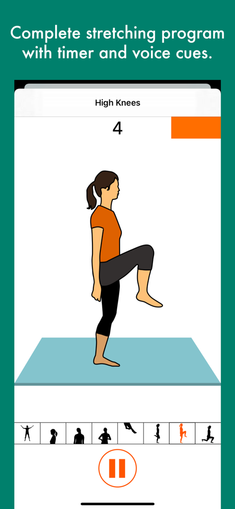 Run 10k - couch to 10k program - Run 10k app interface showing a high knees stretching exercise with a countdown timer.