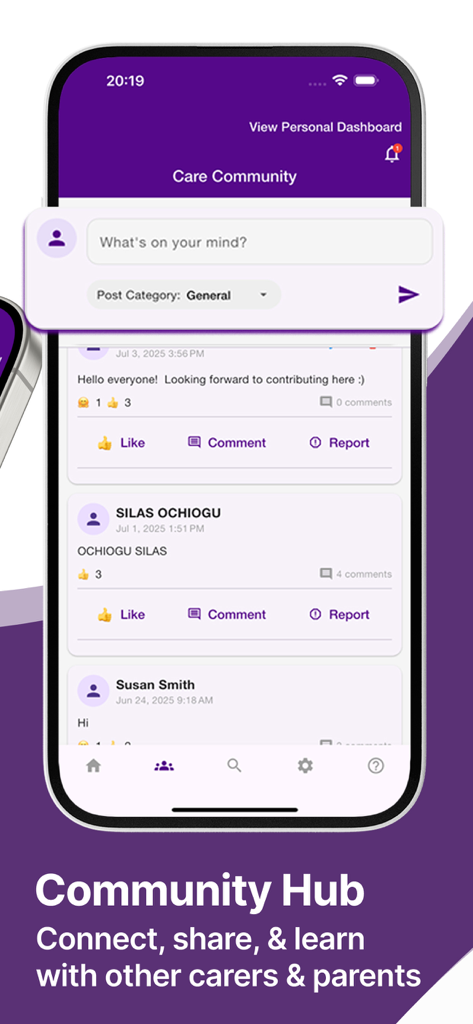 My Virtual Carer - Care App - Screenshot of the My Virtual Carer app Community Hub showing a social feed for parents and carers to share advice and support