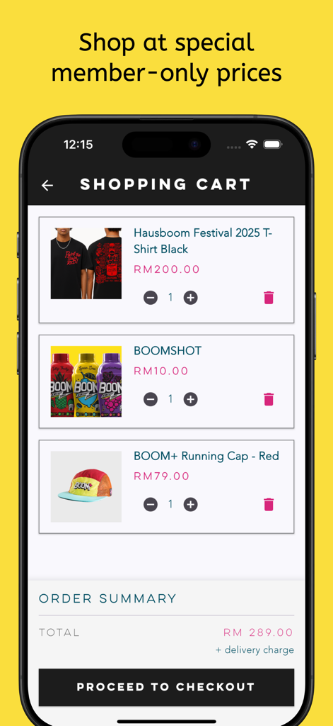 Boom Club app shopping cart screen displaying exclusive member merchandise like a festival t-shirt and running cap