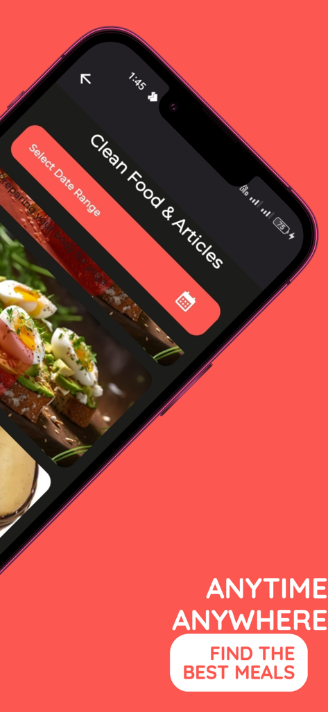 Go Fitness Gym - Go Fitness Gym app interface showing nutrition articles and meal tracking features with healthy food photos
