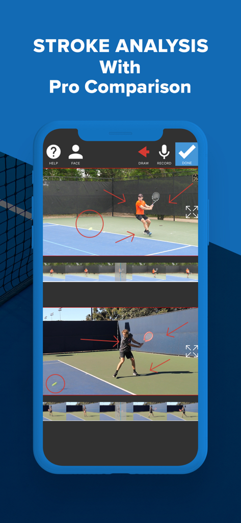 Full Court Tennis - Full Court Tennis app showing a side by side stroke analysis comparison between a player and a professional