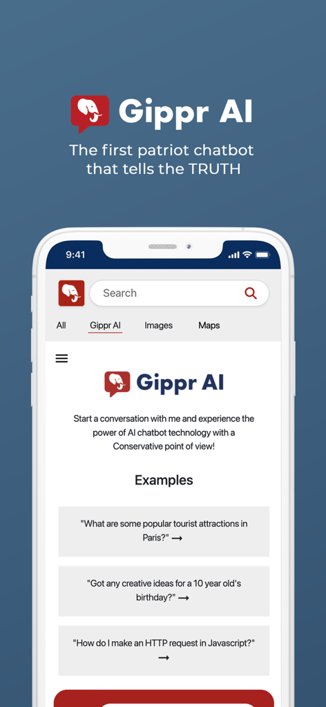 TUSK Search - The Gippr AI conservative chatbot interface within the TUSK Search app showing search examples and a patriot theme