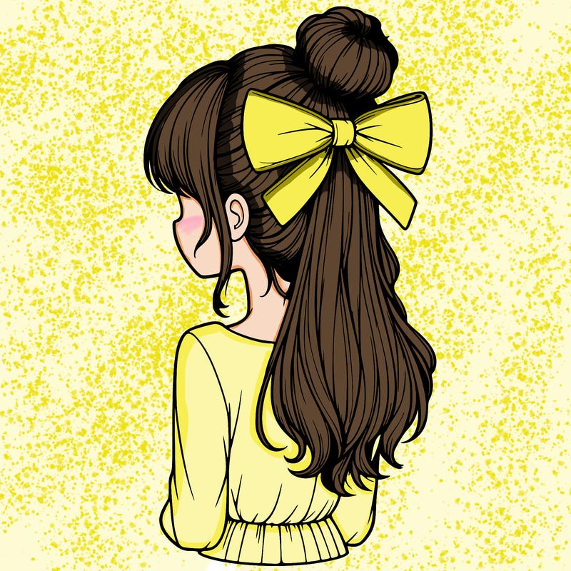 realistic girl  with hip length hair a bun and a big bow on the back of head