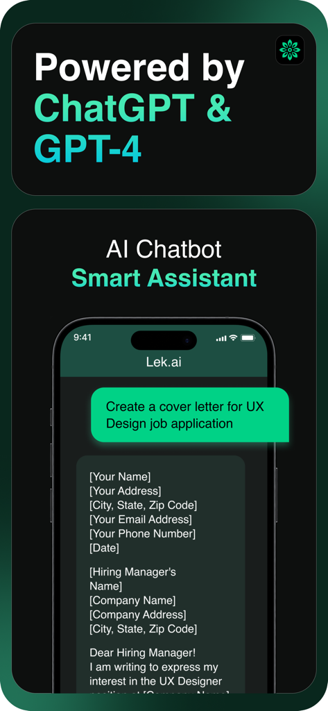 AI Writer Assistant - Lek - AI Writer Assistant Lek app using GPT-4 to generate a professional cover letter