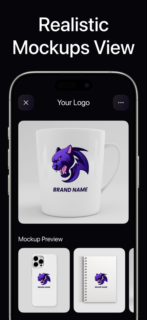 AI Logo - Generator & Maker - Realistic mockup view showing a purple panther logo on a mug, phone case, and notebook